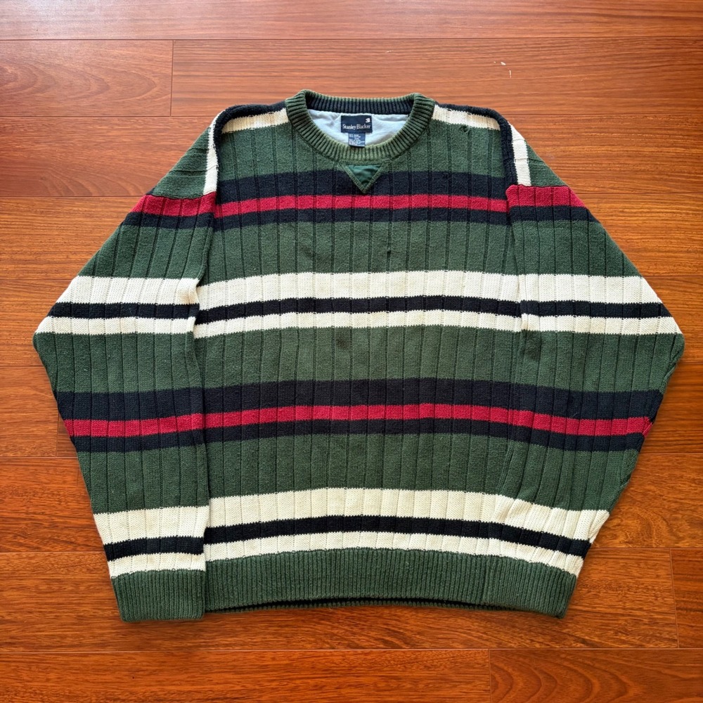 Vintage Stanley Blacker Ramie Sweater XXL Green Striped Knit Preppy Crewneck